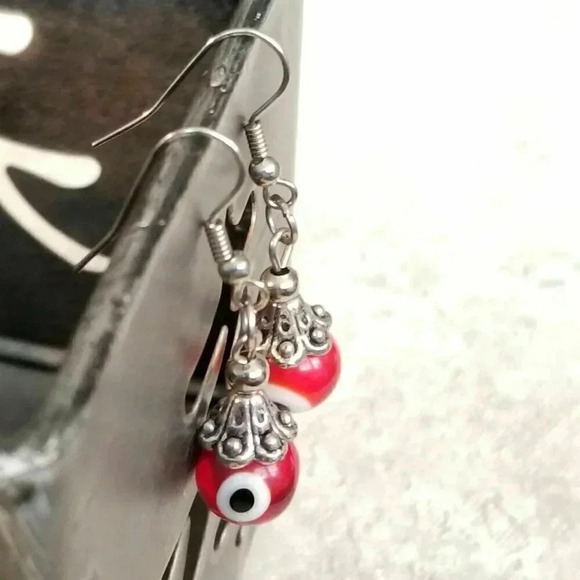 Handmade Evil Eye Red Talisman Drop Earrings - Picture 5 of 5